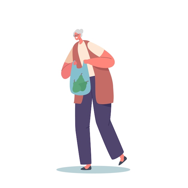 Happy Senior Woman Walk with Shopping Bag Cheerful Female Character Achat in Supermarket or Grocery Discount Sale
