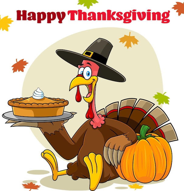 Vecteur happy thanksgiving turkey pilgrim cartoon characters sitting holding a pumpkin pie