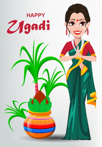 Happy Ugadi Carte De Voeux Avec Belle Femme Indienne