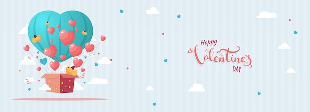 Happy Valentine's Day Concept avec des formes de coeur sortant de la boîte en carton Flying Birds Nuages décorés sur fond rayé