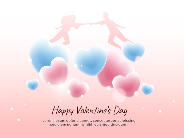Happy Valentine's Day Concept Avec Silhouette Couple Flying Et Coeurs Brillants Sur Fond Rose Clair.