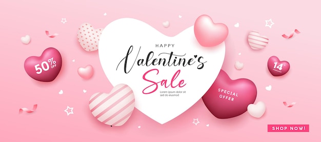 Happy Valentine's day sale coeur espace, ballon coeur rose bannière colorée