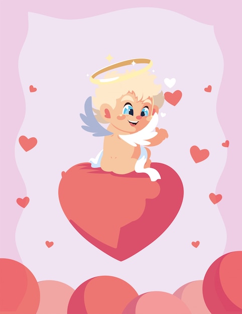 Happy Valentines Blond Cupidon Cartoon Sur Coeur