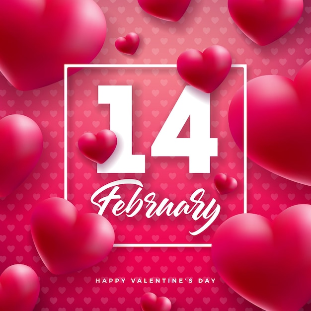 Happy Valentines Day Design avec coeur et lettre de typographie du 14 février sur fond rouge