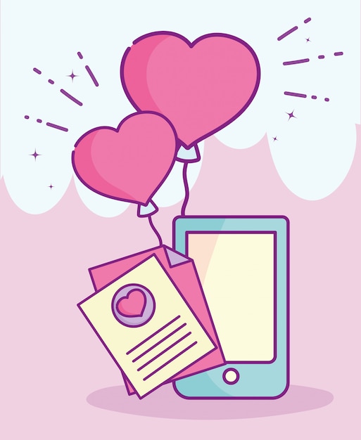 Vecteur happy valentines day, téléphone message lettre ballons coeur amour vector illustration