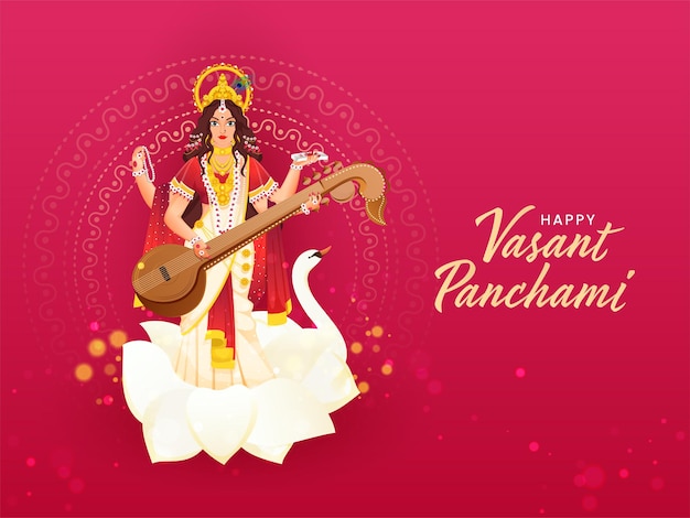 Happy Vasant Panchami Texte écrit En Langue Hindi Avec Un Beau Personnage De La Déesse Saraswati