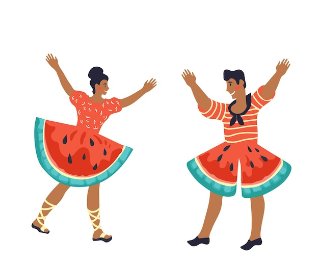 Happy Watermelon Day39s Personnages De Dessins Animés De Personnes Vêtues De Costumes De Pastèque L'illustration Vectorielle Plane Isolée Sur Fond Blanc Carte D'été Ou élément De Conception De Bannière