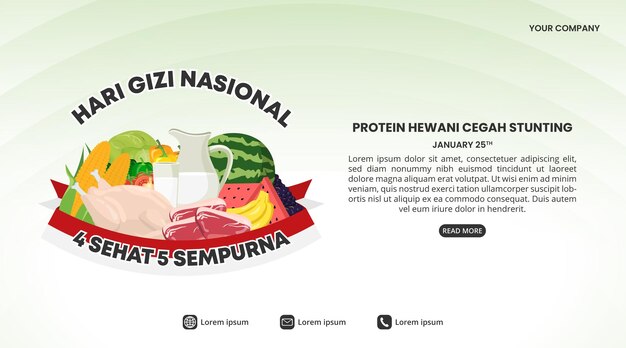 Vecteur hari gizi nasional ou journée nationale de la nutrition d'indonésie avec de la nourriture saine et un drapeau