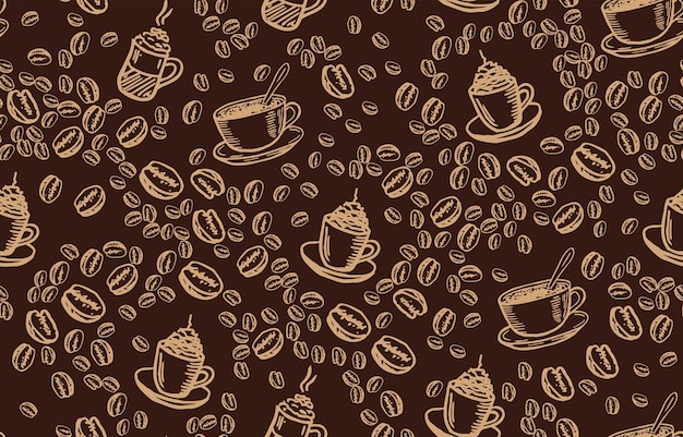 Haricots et tasse de café style dessiné à la main. Illustration vectorielle.