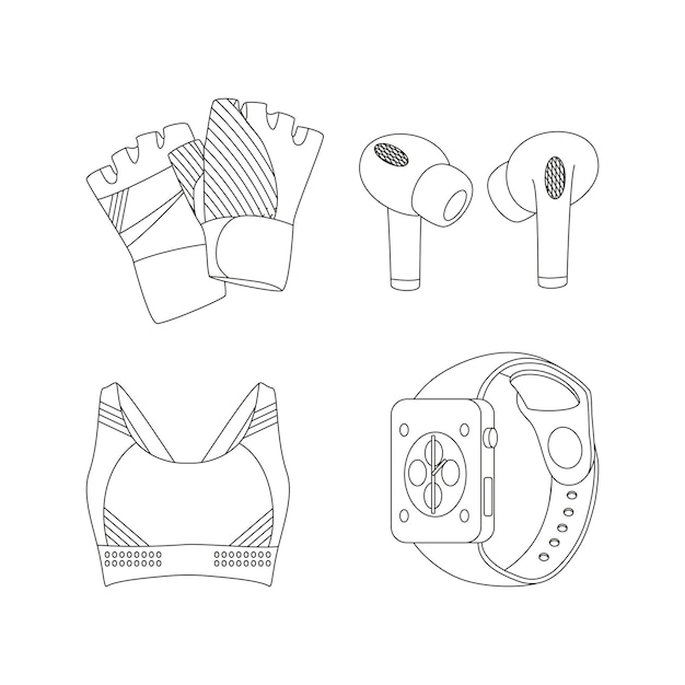 Haut de sport vêtements de sport gants casque montre de fitness équipement de sport inventaire de fitness dessin au trait