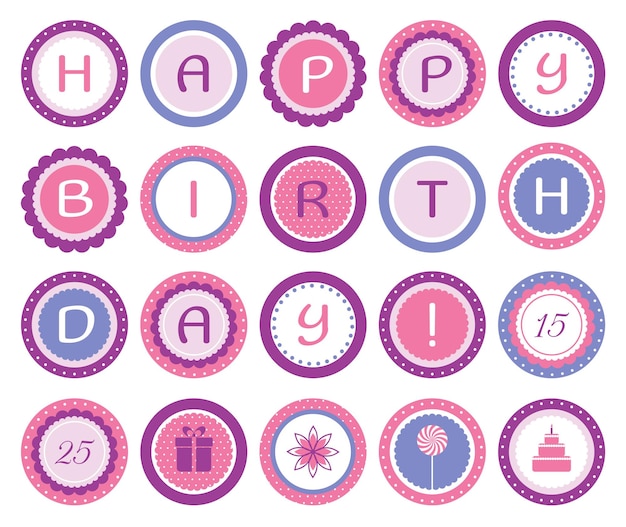 Hauts De Forme Imprimables Pour Cupcakes. Ensemble D'images Vectorielles De Cupcakes Ronds Et Lumineux, étiquettes Pour La Fête D'anniversaire