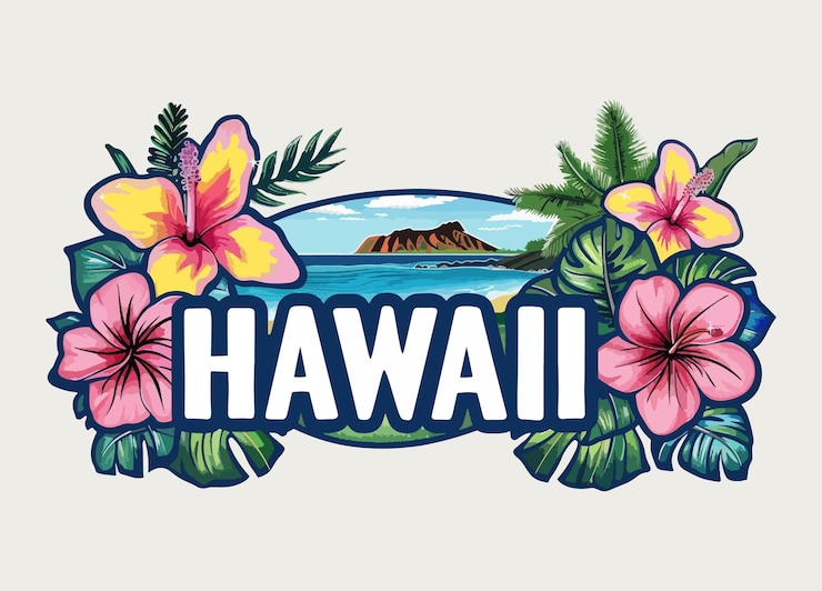 Vecteur hawaii lettrage mot avec des plantes et des fleurs bannière de vacances d'été