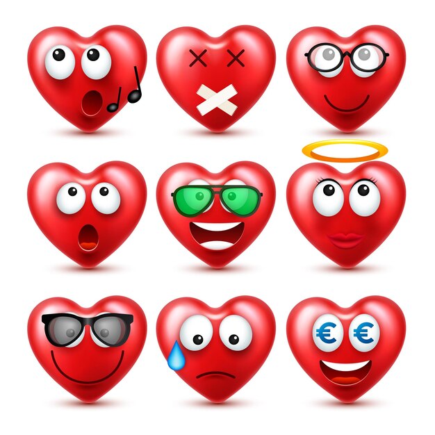 Vecteur heart smiley emoji vectoriel pour la fête de la saint-valentin visage rouge drôle avec des expressions et des émotions d'amour