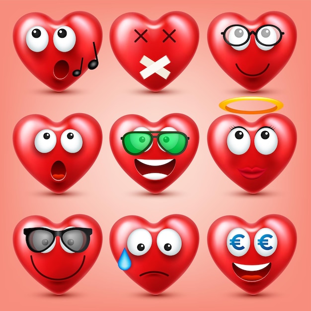 Vecteur heart smiley emoji vectoriel pour la fête de la saint-valentin visage rouge drôle avec des expressions et des émotions d'amour