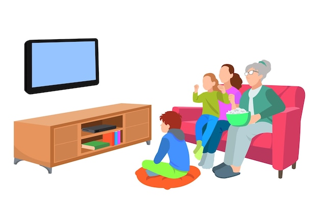 Héhé, regarder la télévision ensemble dans le salon Illustration familiale en style cartoon