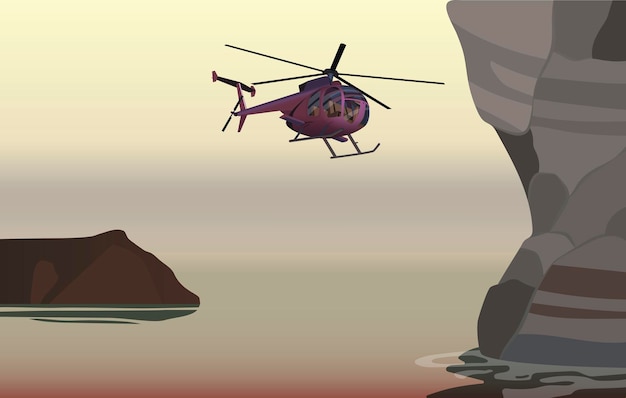 Vecteur un hélicoptère volant au-dessus de la baie de la mer vector