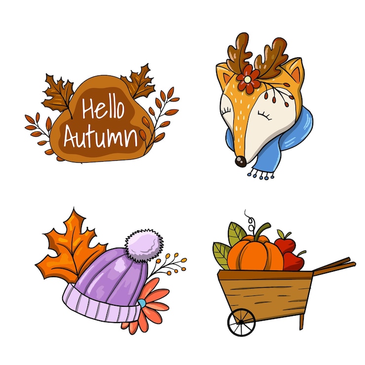 Vecteur hello autumn fox pumpkins chapeau de pomme beanie clip art étiquette d'arrière-plan chute de feuilles de chêne t-shirt