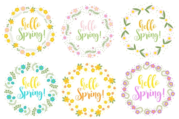 Hello Spring set cadre floral pour texte, isolé sur fond blanc. Illustration vectorielle.