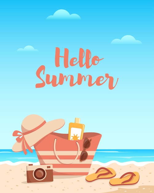 Vecteur hello summer beach sac solaire appareil photo lunettes de soleil chapeau et tongs sur le sable