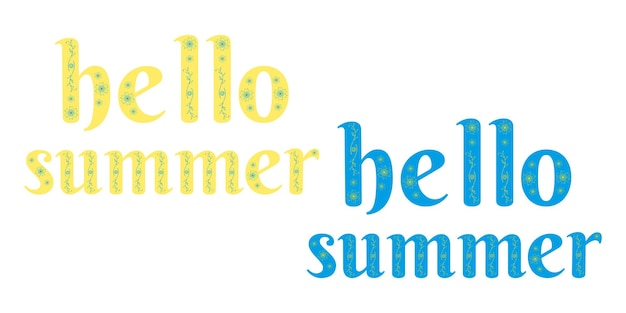 Vecteur hello summer inscription lettrage set lettres avec un ornement de couleurs jaunes et bleues