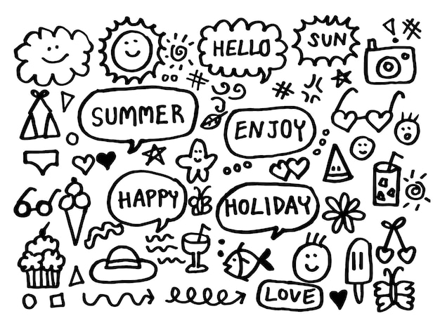 Hello Summer Set Doodle Cartoon Icône mignonne dessinée à la main