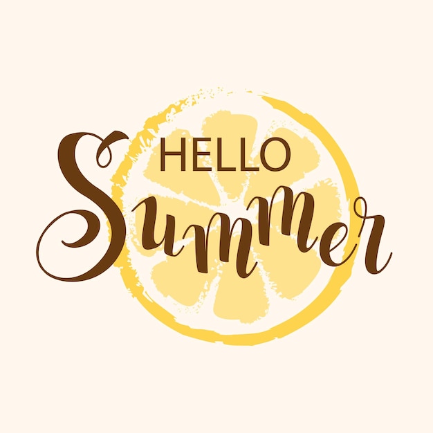 Vecteur hello summer vector lettres dessinées à la main et pastèque et tranche d'orange arrière-plan avec message texte pour les bannières et les invitations