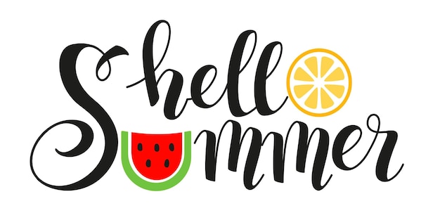 Hello Summer Vector Lettres Dessinées à La Main Pastèque Et Tranches D'orange Arrière-plan Horizontal Avec Message Texte