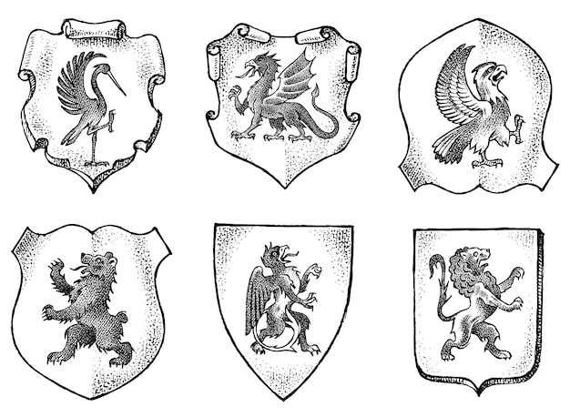 Vecteur héraldique de style vintage armoiries gravées avec des animaux oiseaux créatures mythiques poisson dragon licorne lion emblèmes médiévaux et le logo du royaume fantastique
