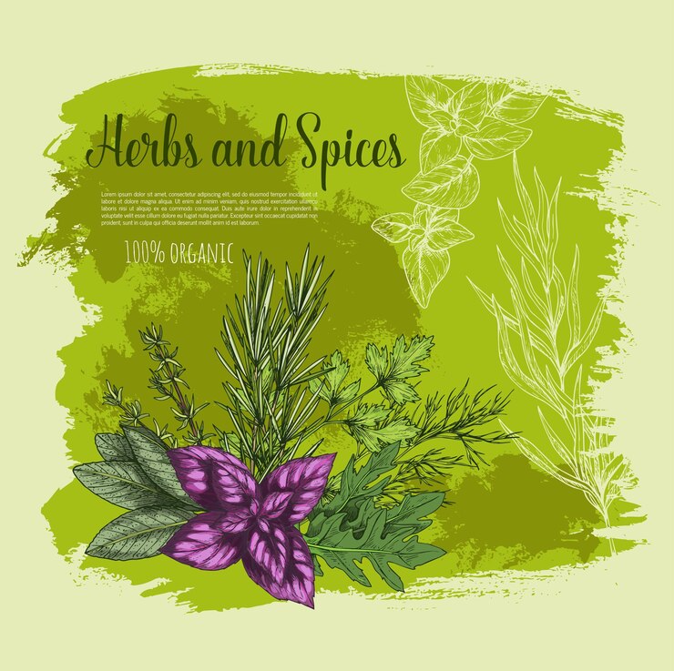 Vecteur herbe et épices avec affiche de croquis de feuilles fraîches