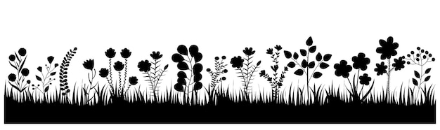 Herbe Avec Silhouette De Fleurs Sur Fond Blanc Vecteur Isolé