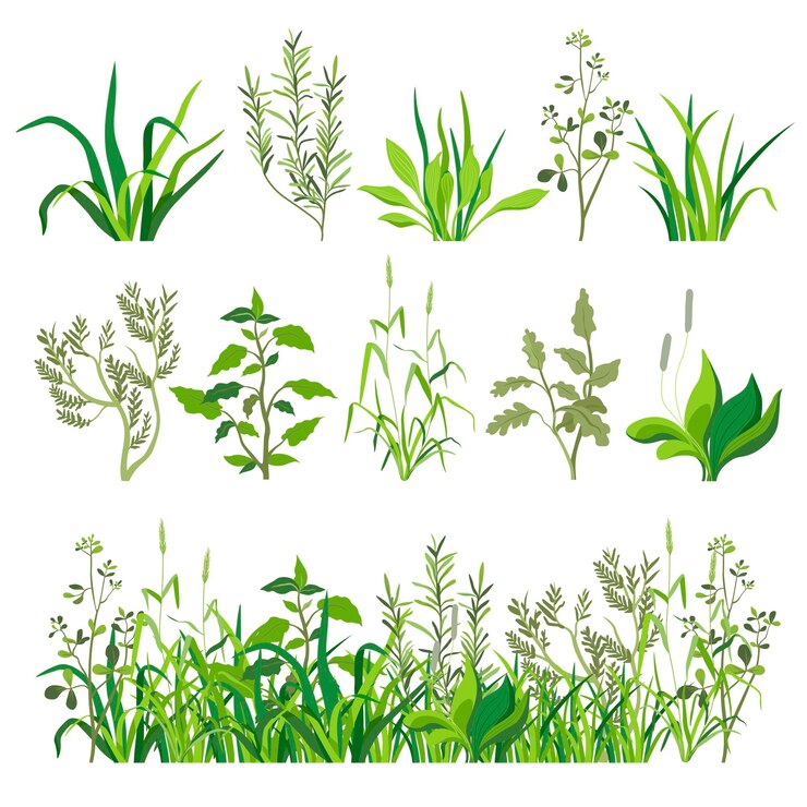Vecteur herbes et feuillage d'herbe et paysage de plantes