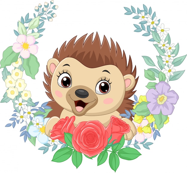 Hérisson bébé dessin animé avec fond de fleurs