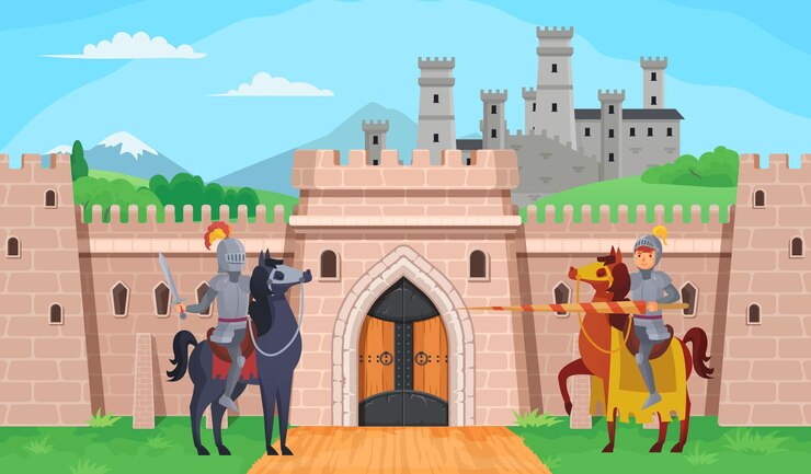 Vecteur hero battle chevaliers légende médiévale près de castel
