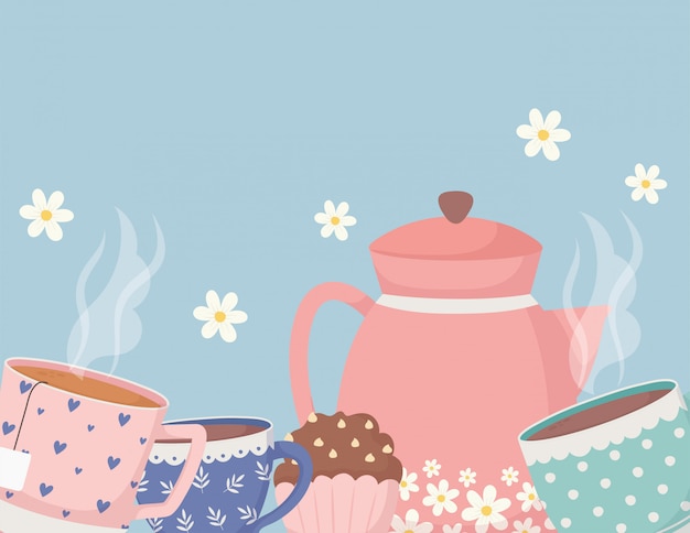 L'heure du café et du thé, des tasses à thé cupcakes avec décoration de fleurs