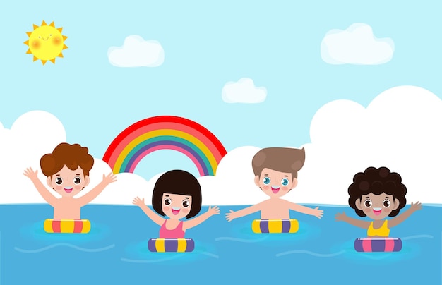 Heure D'été Enfants Mignons En Natation Et Bouée En Caoutchouc Dans Le Dessin Animé De La Mer