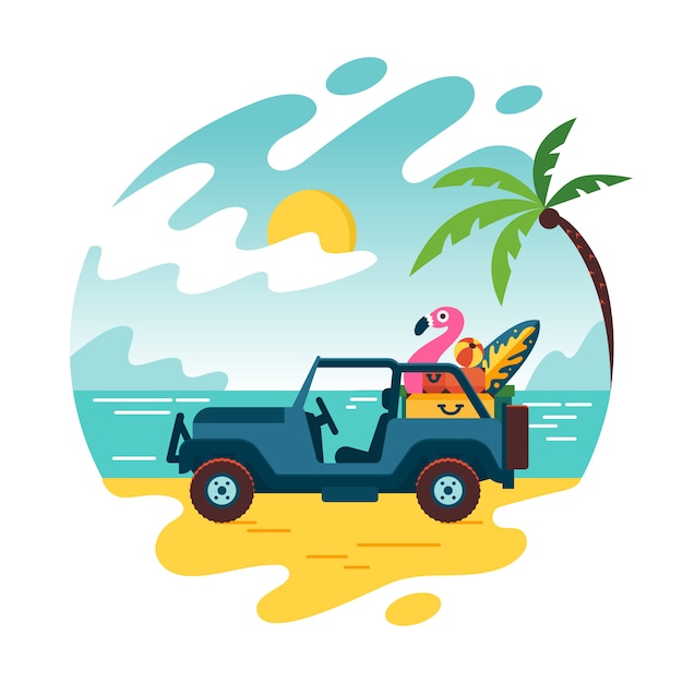 Vecteur heure d'été et voiture sur la plage avec quelques valises. vacances et voyages, une énorme pile de choses pour les vacances. paysage d'illustration de style dessin animé plat, concept isolé.