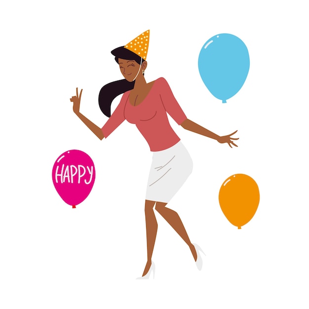Vecteur heureuse belle femme avec chapeau de fête et célébration de ballons