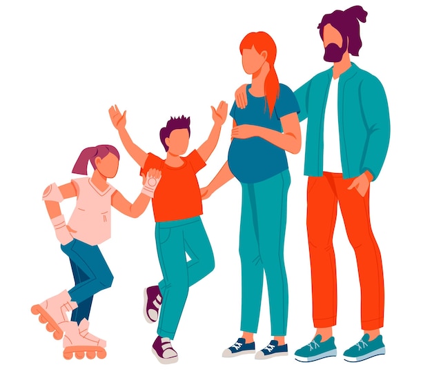 Heureuse famille de mère père et deux enfants illustration vectorielle plane isolée