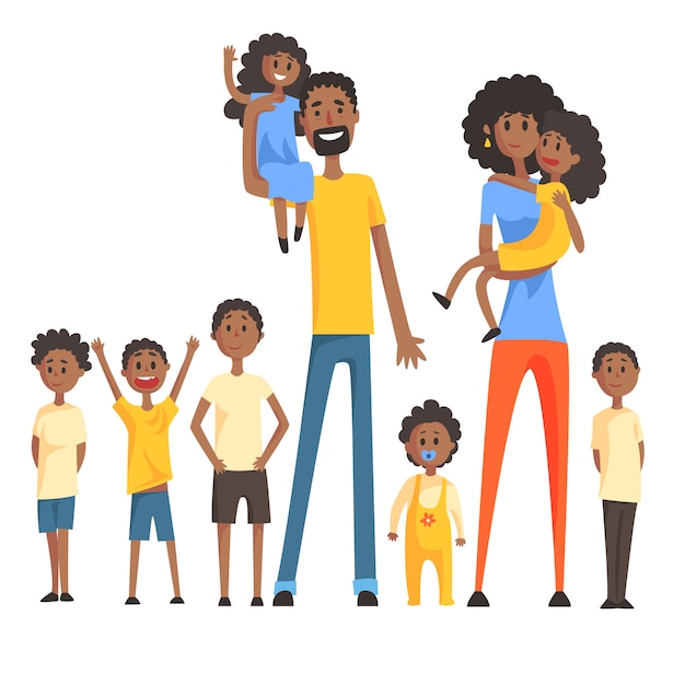 Vecteur heureuse famille noire avec de nombreux enfants portrait. parents souriants illustration colorée