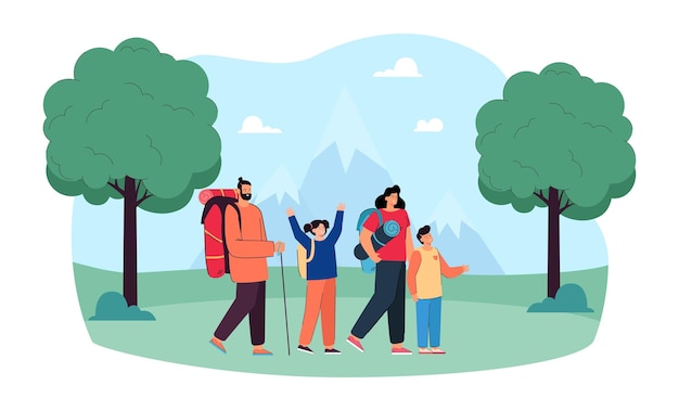 Heureuse famille de touristes avec des sacs à dos en randonnée dans la nature. Homme, femme et enfants campant et marchant en plein air, personnes actives trekking dans l'illustration vectorielle plane de paysage de montagne. Notion de voyage