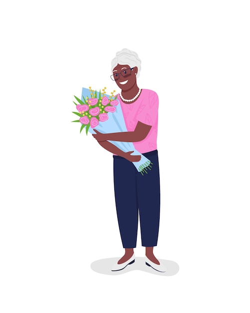 Heureuse Femme Afro-américaine Mature Avec Des Fleurs à Plat. Mamie Avec Bouquet.