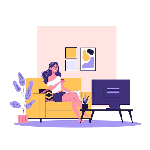 Heureuse femme assise sur le canapé et regarder l'émission de télévision. Canapé confortable, détente à la maison. illustration en style cartoon