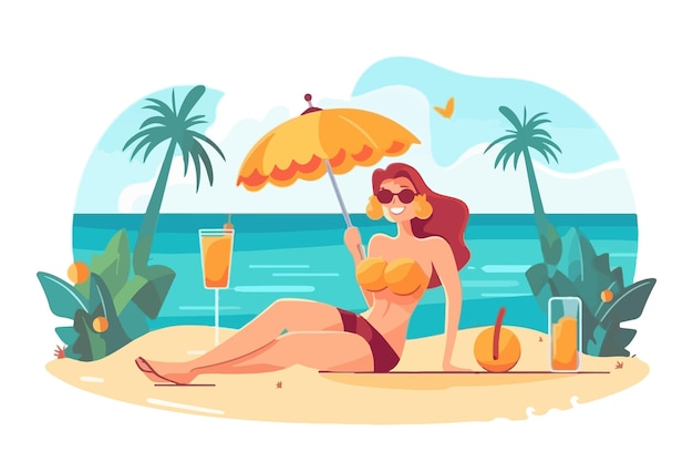 Heureuse Femme En Bikini Se Détendre Sur La Plage Avec Une Boisson Image Vectorielle