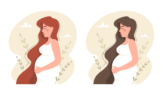 Heureuse Femme Enceinte. Rousse Et Brune.