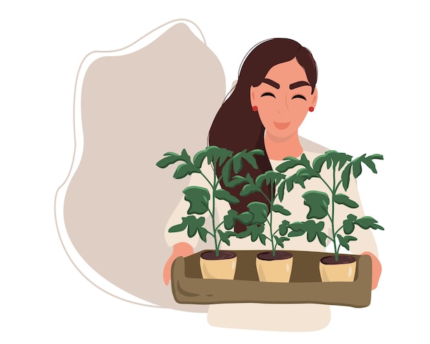 Vecteur heureuse femme jardinant tenant un semis ou une plante à planter dans le sol du jardin de printemps.