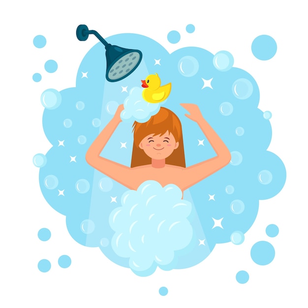 Heureuse Femme Prenant Une Douche Dans La Salle De Bain Avec Canard En Caoutchouc. Se Laver La Tête, Les Cheveux, Le Corps Avec Un Shampooing, Du Savon