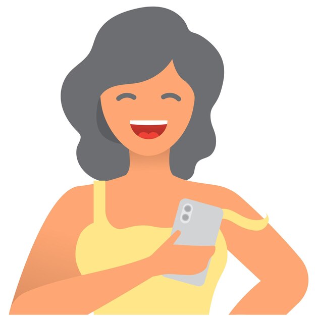 Heureuse femme souriante à l'aide de l'icône de vecteur de smartphone