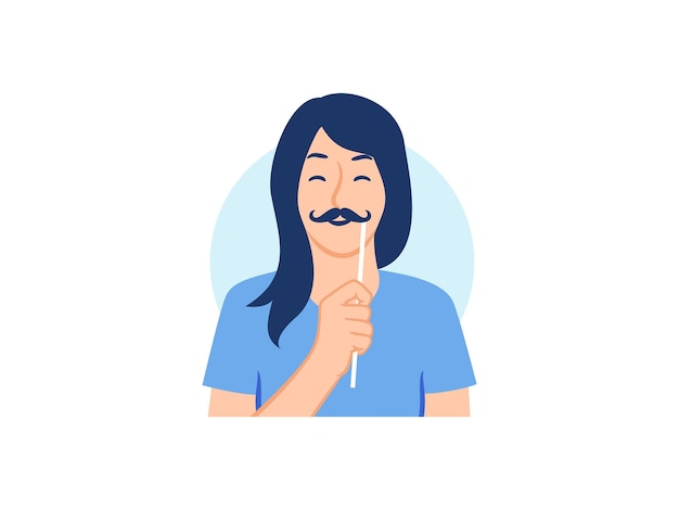 Vecteur heureuse femme souriante s'amusant tenant des accessoires de photomaton drôles de faux bâton de moustache