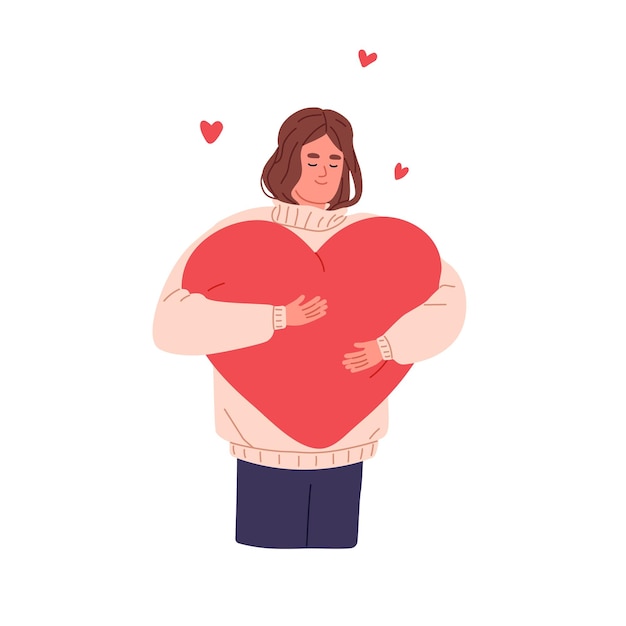 Heureuse femme tenant un grand coeur dans les mains Concept d'acceptation de l'amour de soi Fille souriante étreignant une énorme Saint-Valentin Générosité chaleur et charité Illustration vectorielle plane isolée sur fond blanc