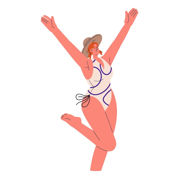 Heureuse Fille Libre En Maillot De Bain Sautant Avec Les Mains En L'air Active Souriante Jeune Femme Profitant Des Vacances D'été Vacances à La Plage Enthousiaste énergique Femme Illustration Vectorielle Plane Isolée Sur Fond Blanc